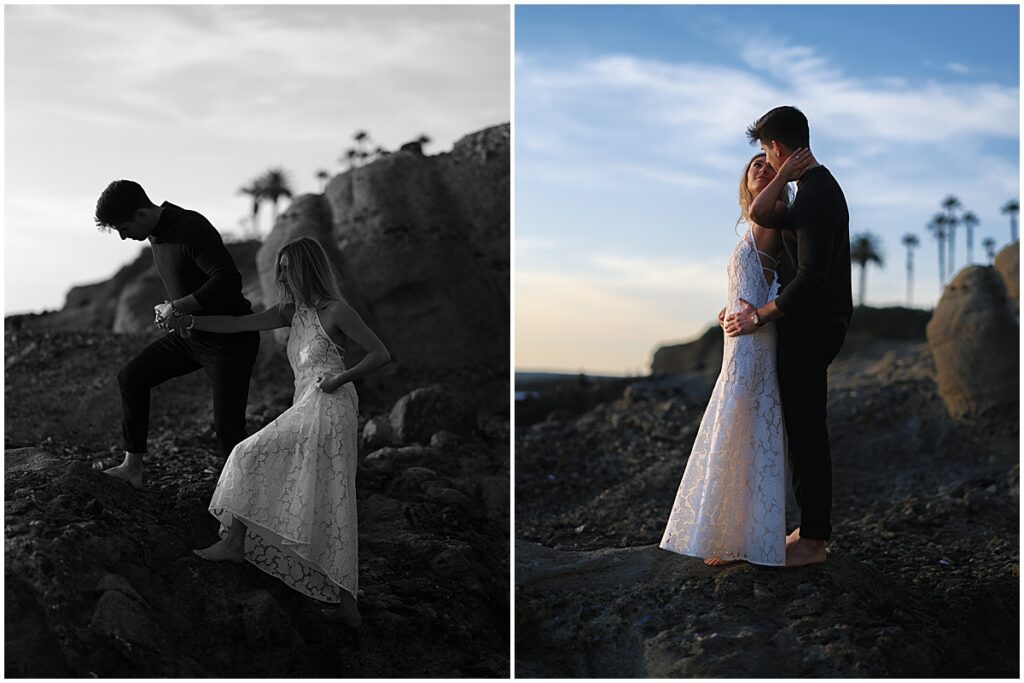 Couple walking on rocks at Treasure Island Laguna Beach