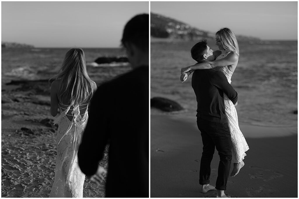 man lifting woman up and walking behind her on Laguna Beach