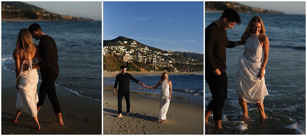 couple walking along and playing in the water at Laguna Beach 