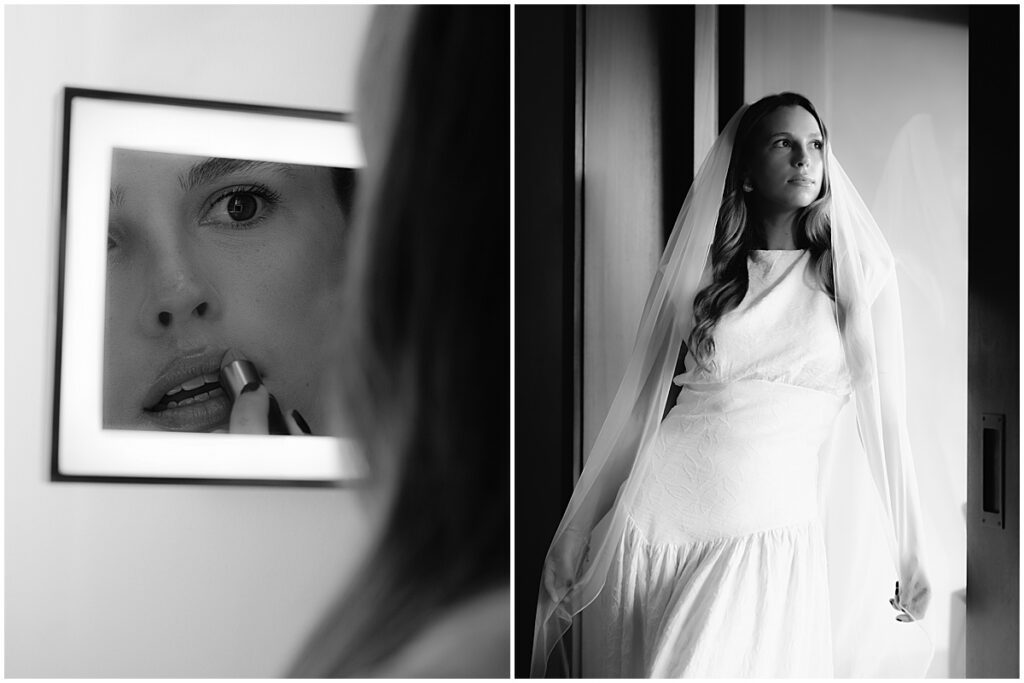 Bridal portraits, in dress and putting lipstick.