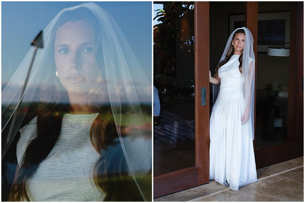 Bridal portraits by a door and bride looking through the glass.