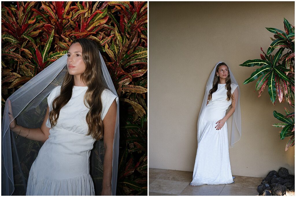 Bridal portraits next to some red and green plants