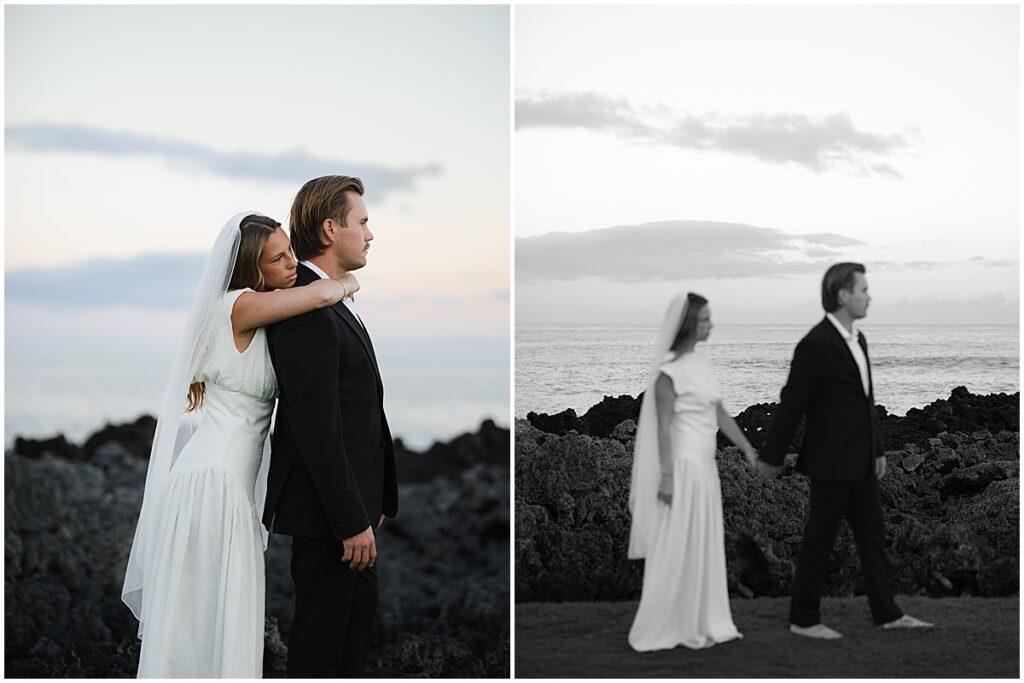 Bride and groom portraits by the rocks on the Big Island in Hawaii