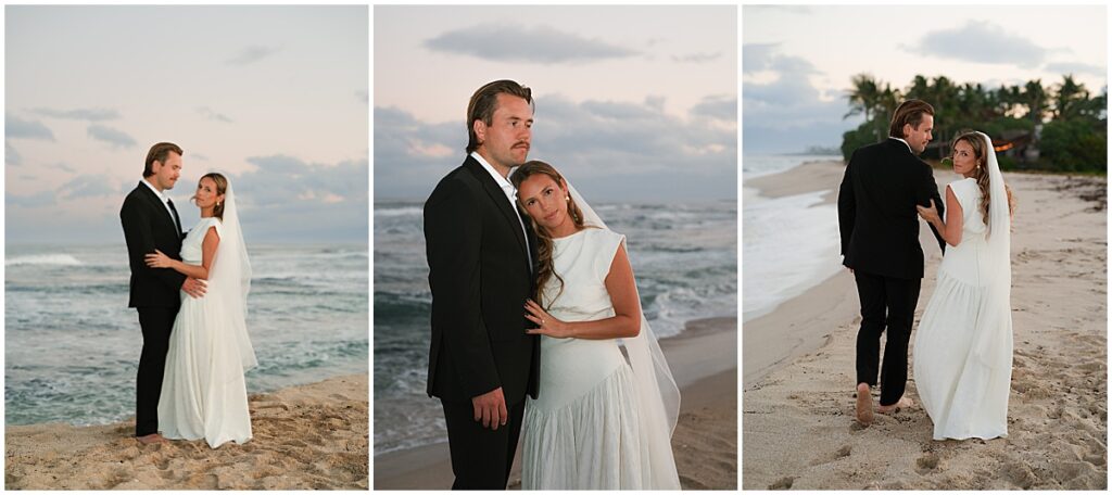 Bride and groom walking along the beach at Kona, on the Big Island, Hawaii