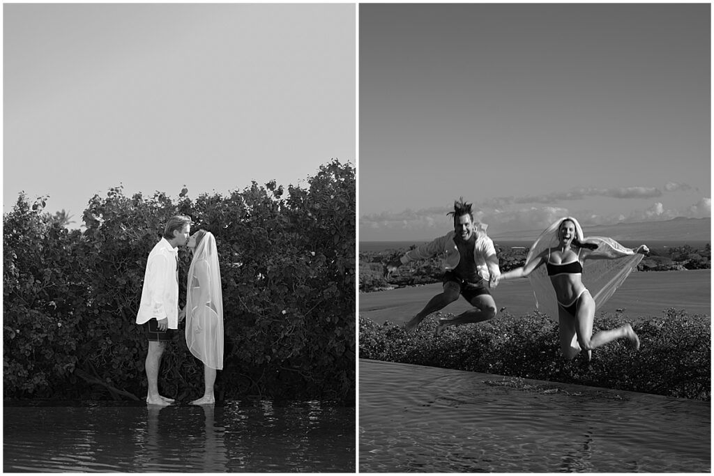 Man and woman kissing and jumping in the water at Four Seasons Hualalai wedding