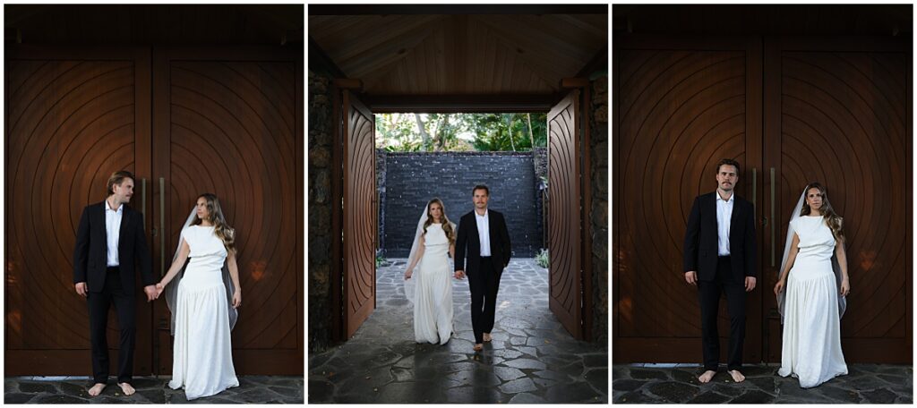 Couple portraits in the grounds of the Four Seasons Hualalai by large wooden doors.