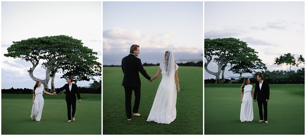 Bride and groom walking across the lawn at Four Seasons Hualalai wedding