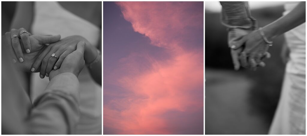 close up of engagement ring and pink sky