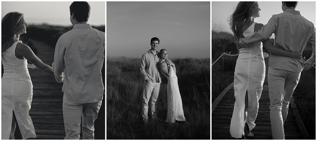 candid photos of a couple walking along a nature area at crystal cove