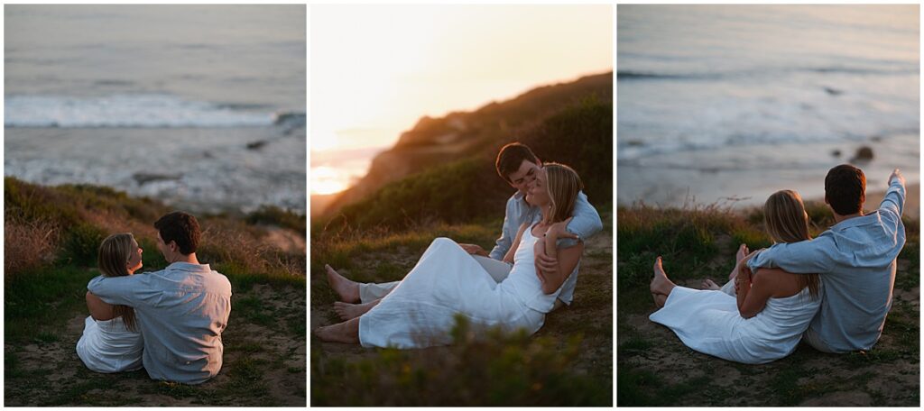 couple sitting on a cliff looking out to sea at sunset in Southern California