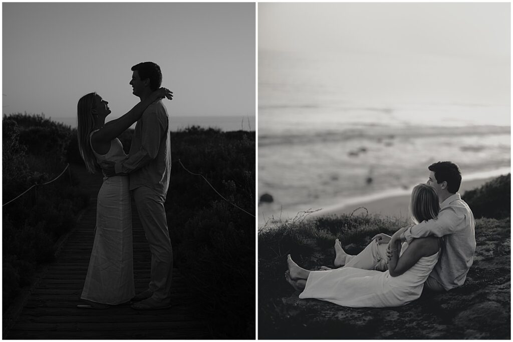 couple looking out to see and embracing