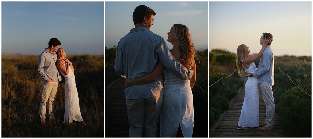 couple wearing neutral clothing looking relaxed at happy at crystal cove engagement session