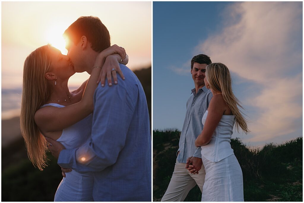couple kissing and walking along at crystal cove engagement session, Newport Beach