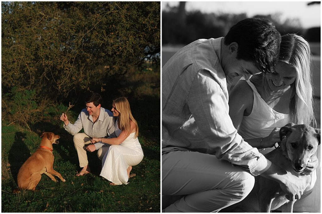 couple play with their dog at crystal cove engagement session