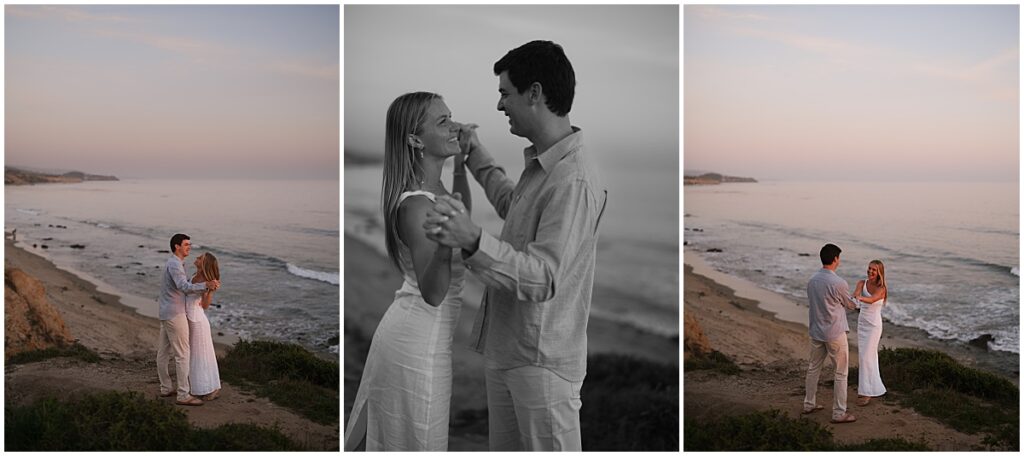 couple dances on the beach at sunset at crystal cove
