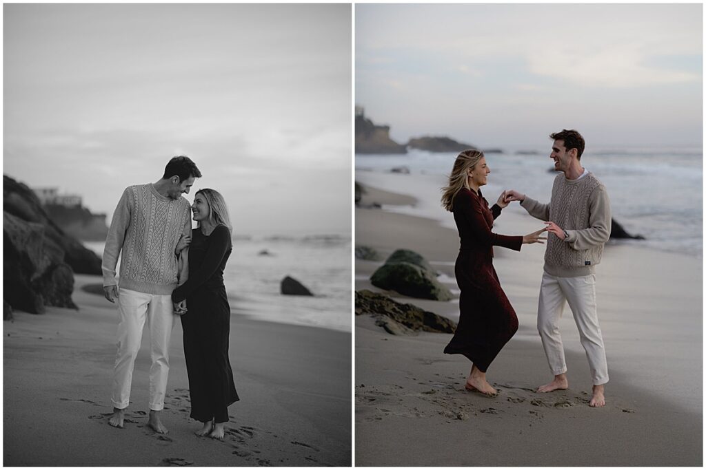 couple dancing on the beach at Laguna beach engagement session