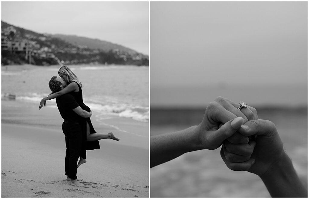close up of hands with engagement ring and couple on the beach at Laguna beach engagement session
