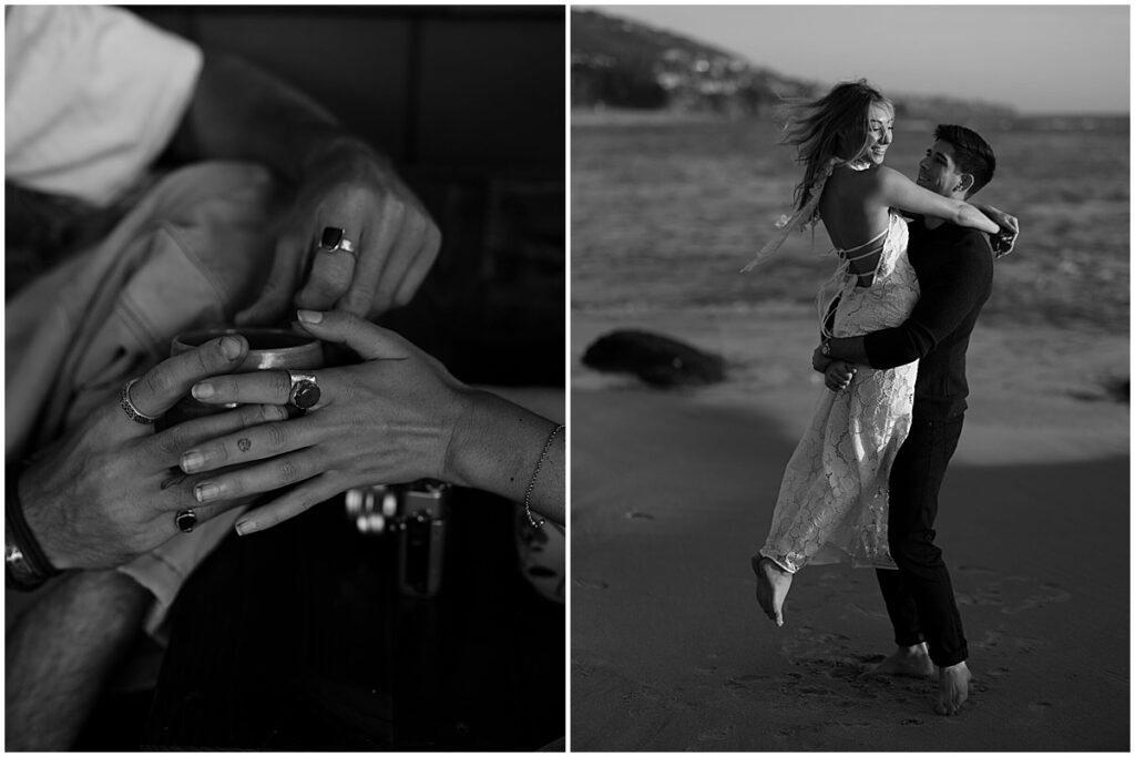 close up of couples hands and man holding woman up at Laguna beach engagement session
