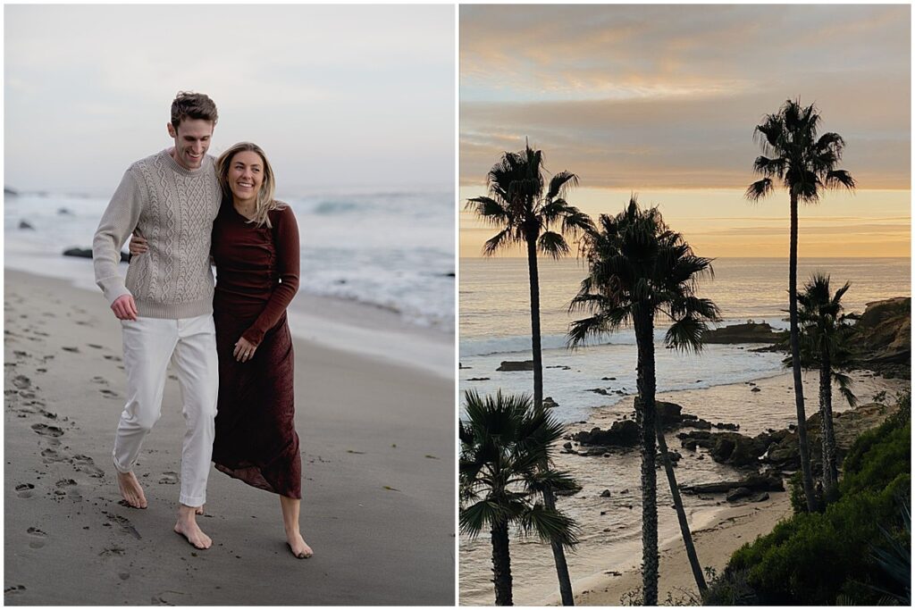Couple walking along the beach and palm trees along the sure at Laguna Beach