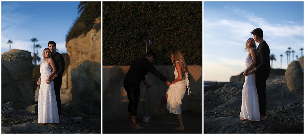 Learn how to plan engagement photos in laguna beach. Couple stood on rocks overlooking at the ocean at Laguna beach