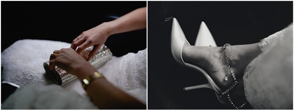 Close up detail photos of a bride's purse and shoes