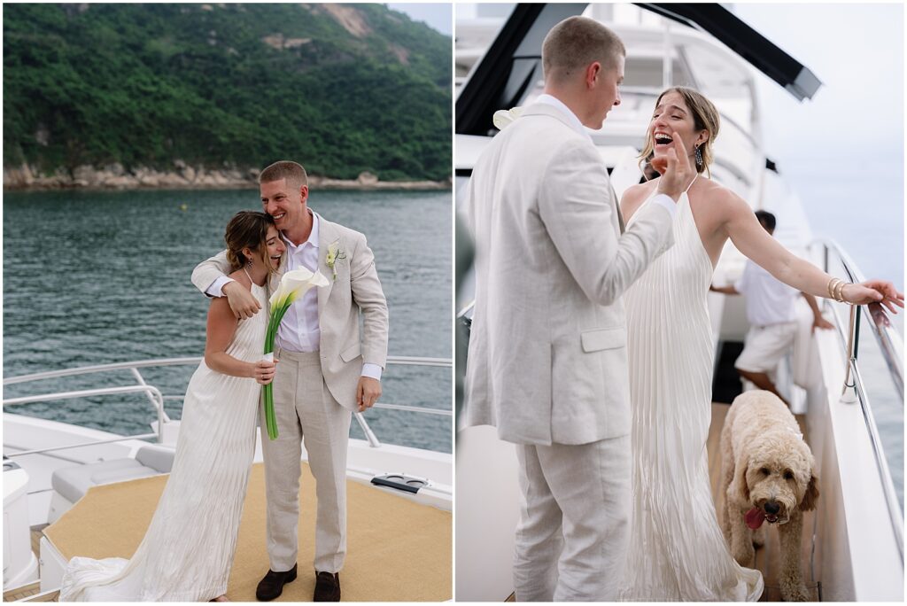 Bride and groom after their wedding ceremony on a yacht in Hong Kong