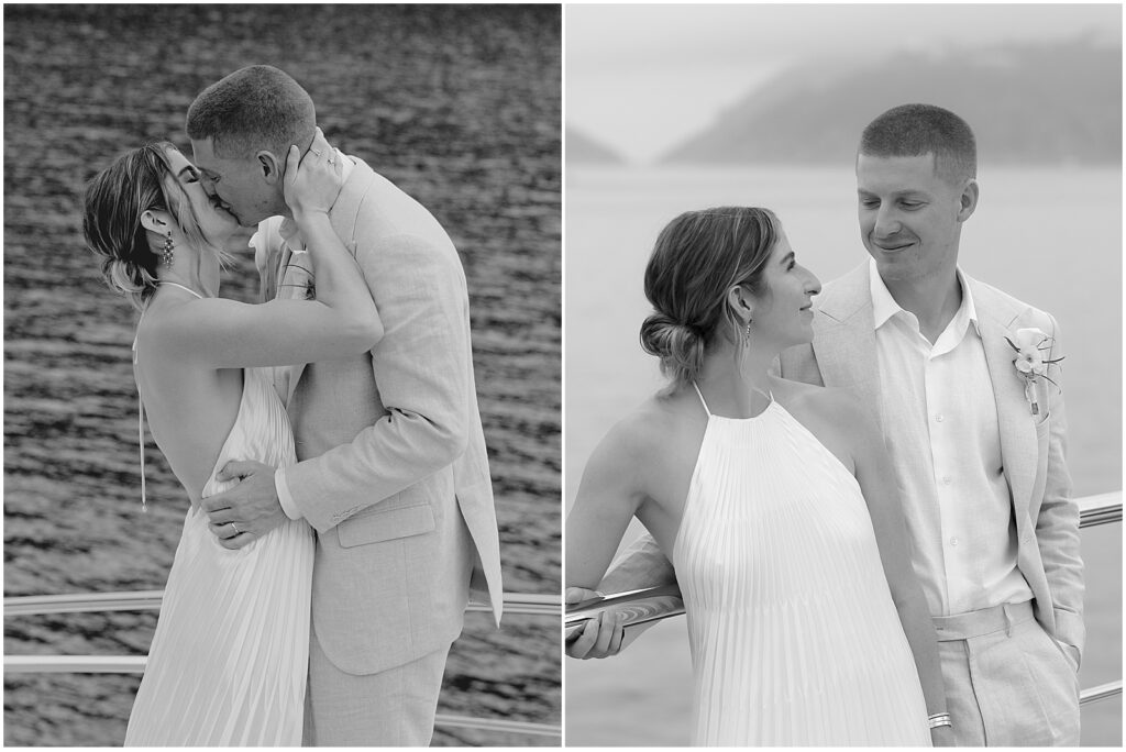 Bride and groom posing for portraits at their wedding ceremony on a yact