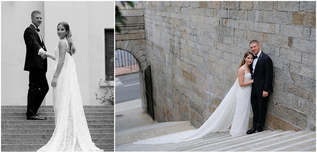 Bride and groom posing for portraits at their Tai Kwun wedding in Hong Kong