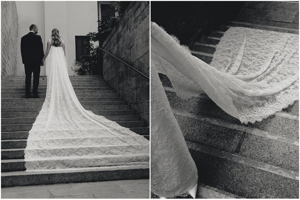 A bride and groom taking portrait photos on the steps of Tai Kwun