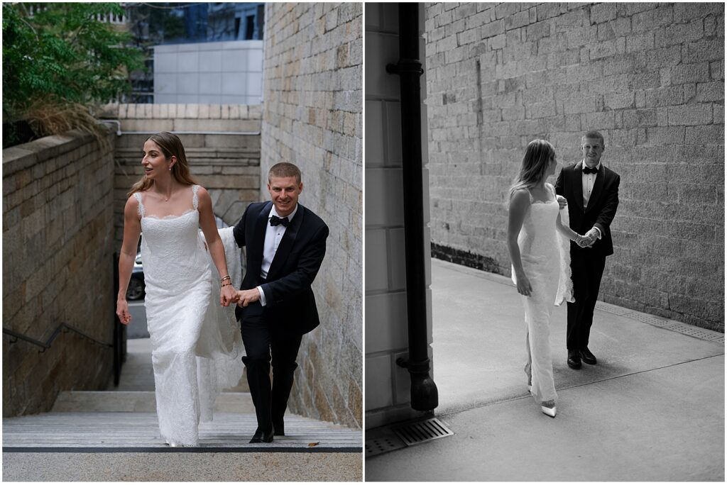 Bride and groom exploring Tai Kwun on their wedding day