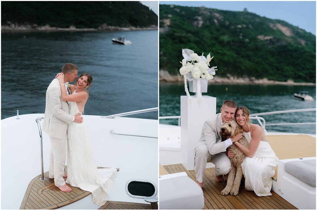 Bride and groom posing for portrait photos on a yacht in Hong Kong