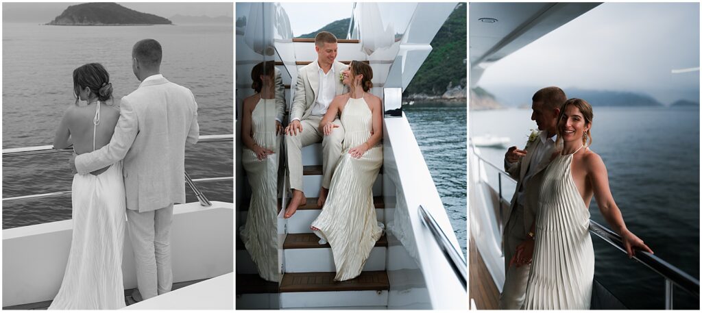 Bride and groom wedding portraits on a yacht in Hong Kong