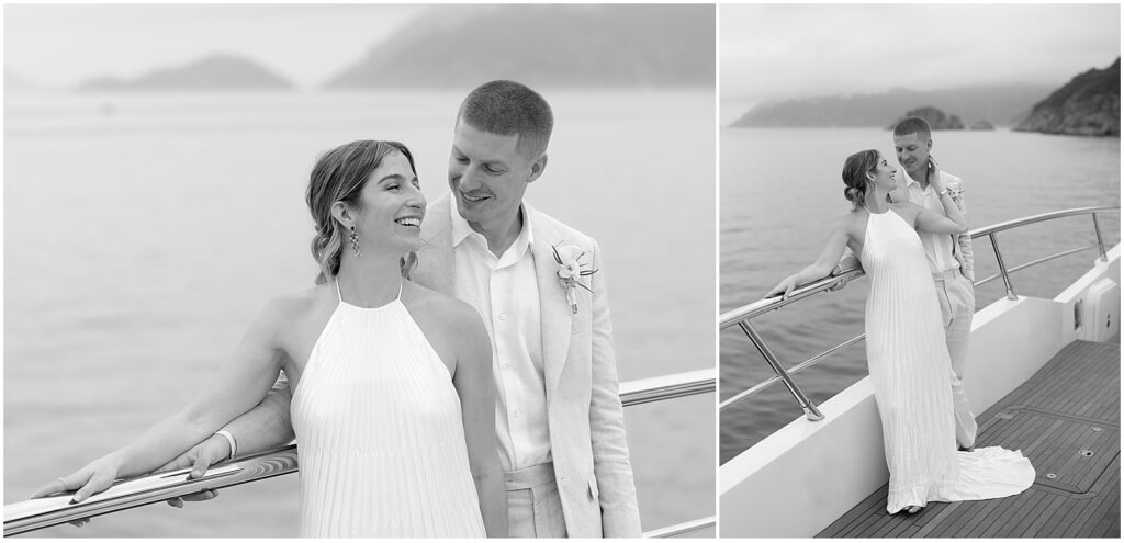 Bride and groom wedding portraits on a yacht