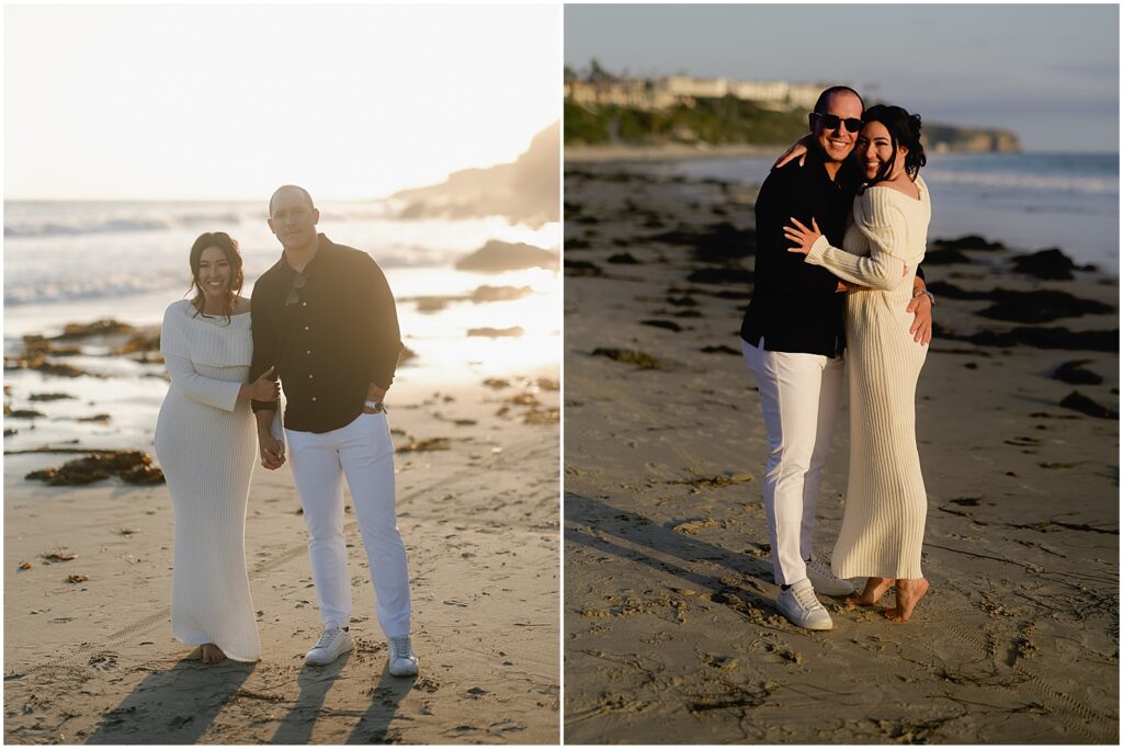 Couple taking engagement photos at Monarch Beach, California