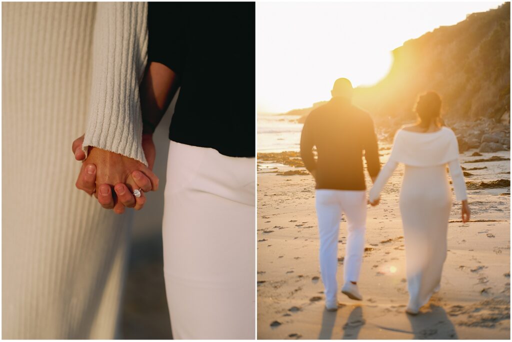 Couple taking engagement pictures on the beach at sunset in Laguna, CA