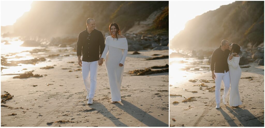 Couple taking engagement photos on the beach in Laguna, CA
