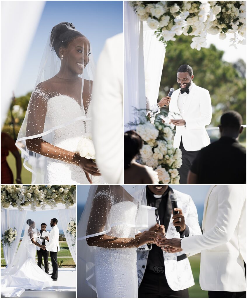 Bride and groom exchanging vows at their Laguna Beach wedding ceremony at the Laguna Cliffs Marriott