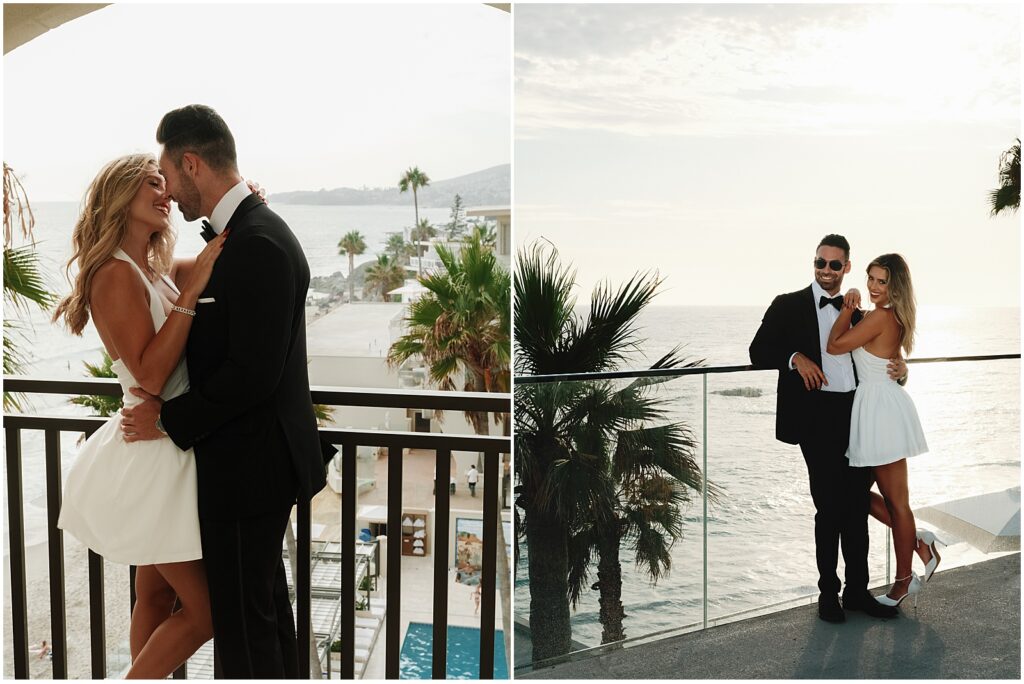 Couple taking Laguna Beach engagement photos at Surf and Sand Laguna