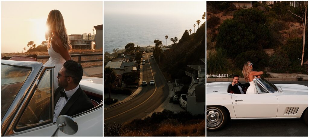 Couple taking engagement photos in a classic car in the hills of Laguna