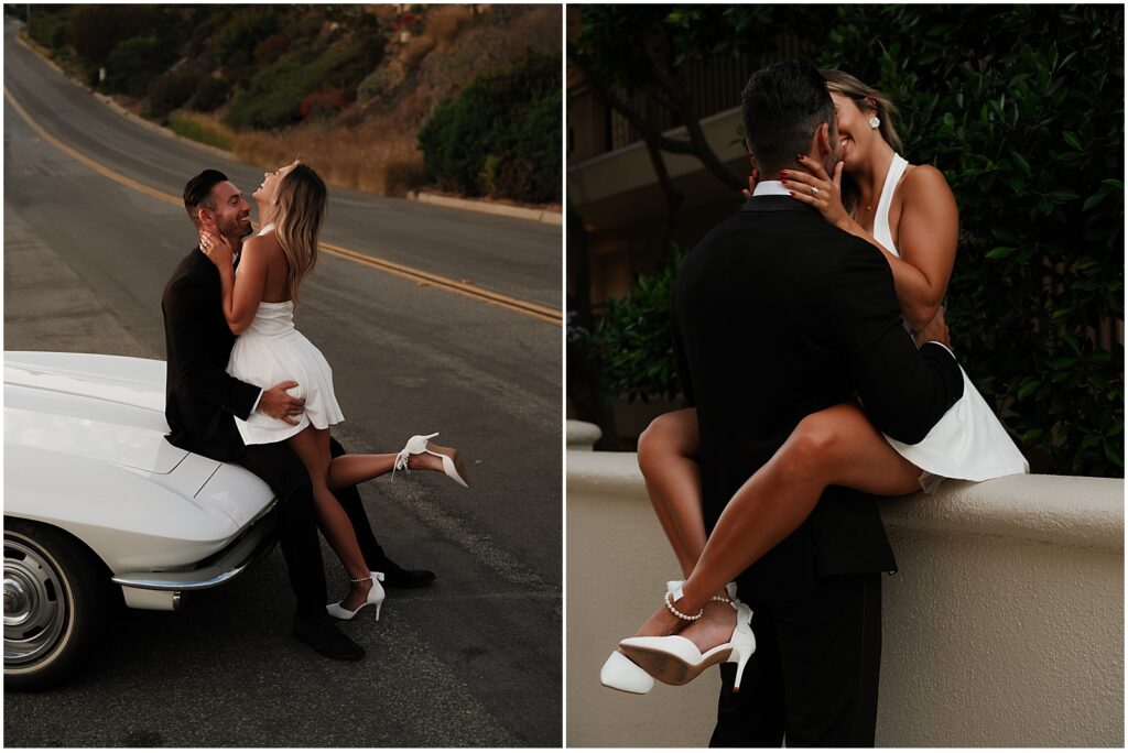 Couple taking Laguna Beach engagement photos