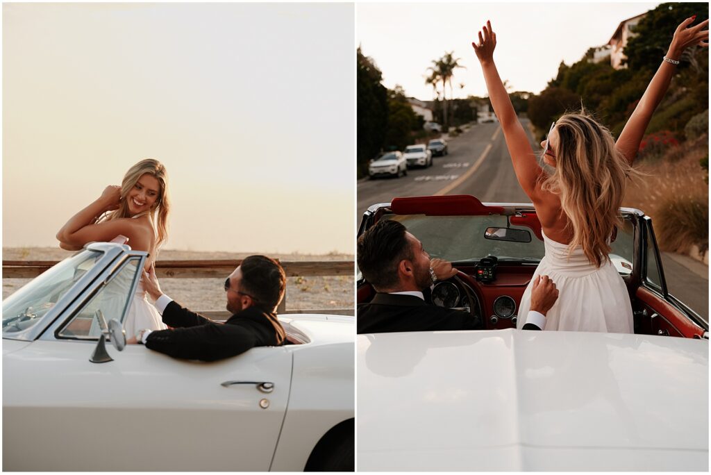 Couple riding in a classic car taking Laguna Beach engagement photos