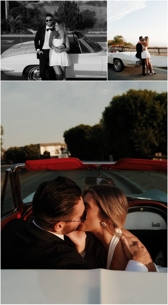 Couple taking classic car engagement photos in Laguna Beach
