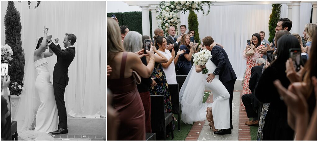 Bride and groom first kiss at their Corona Del Mar wedding at Five Crowns restaurant