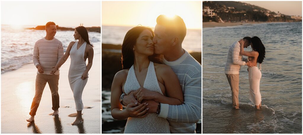 Couple strolling the beach at sunset at Laguna Beach