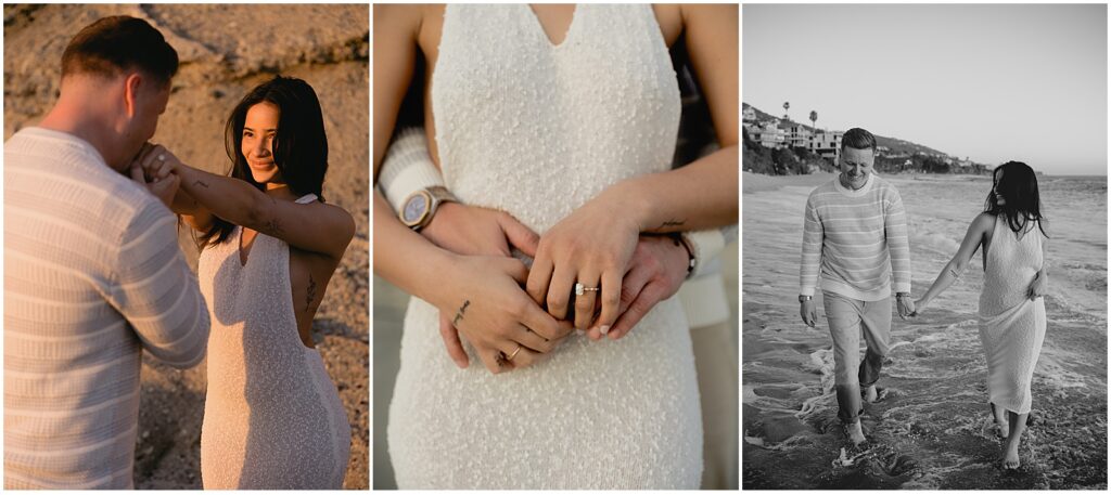 Couple taking Laguna Beach engagement photos at sunset