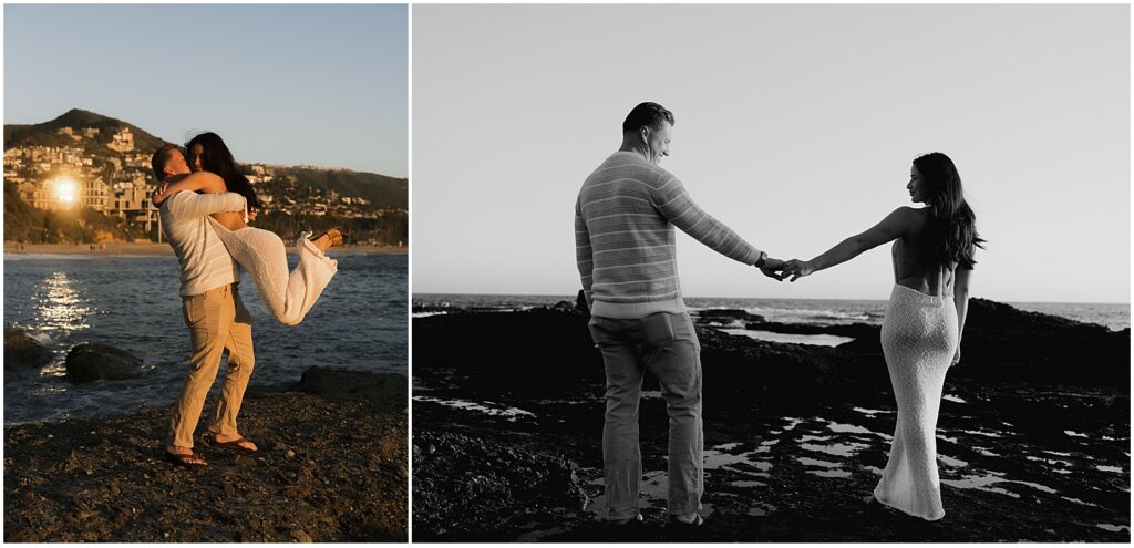 Couple taking engagement photos in Laguna Beach, CA