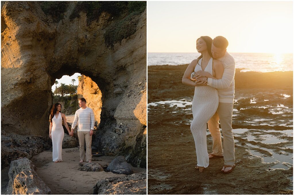 Couple taking photos at the beach after their Laguna Beach proposal