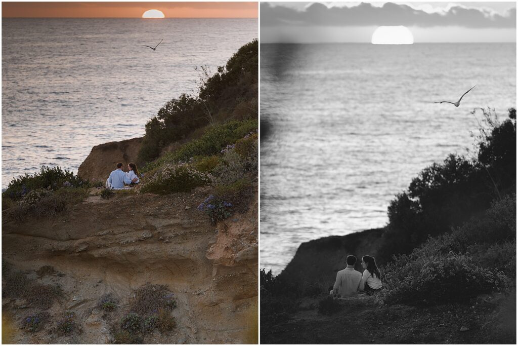 Couple after their sunset beach proposal in Laguna Beach