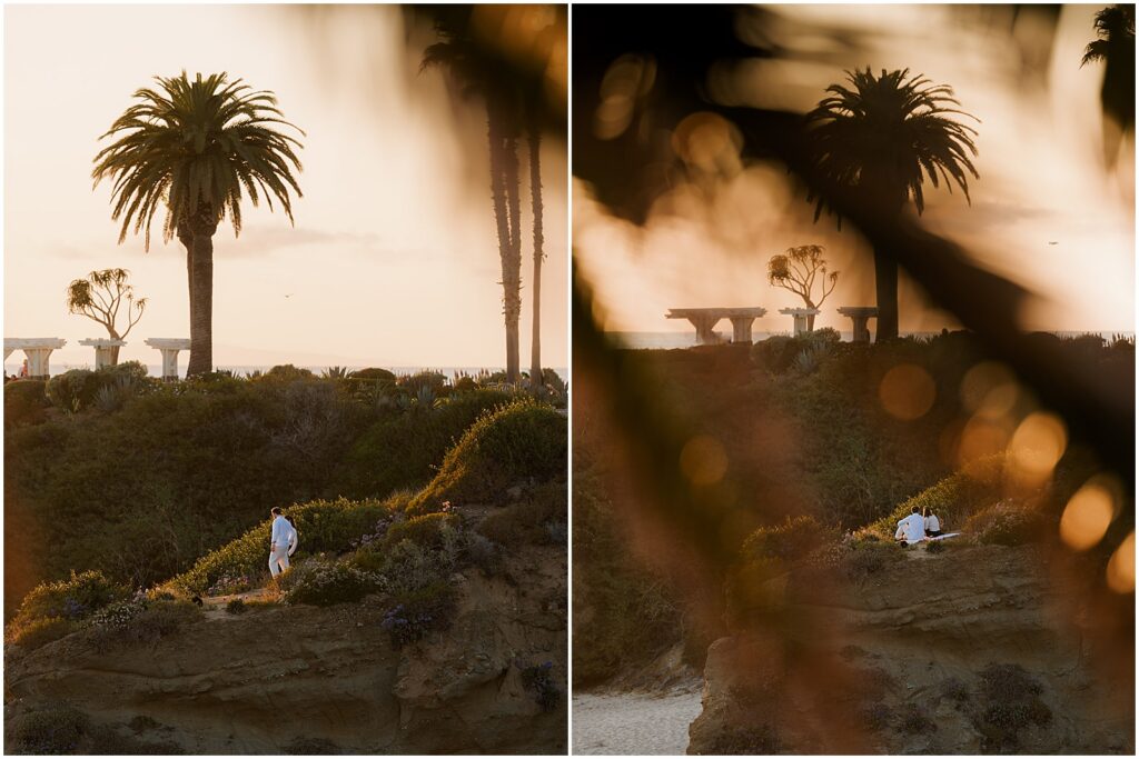 Couple having a picnic during their beach proposal in Laguna Beach, CA