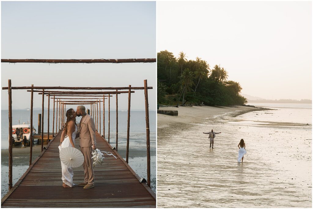 Couple taking sunset portraits at their Phuket wedding in Thailand